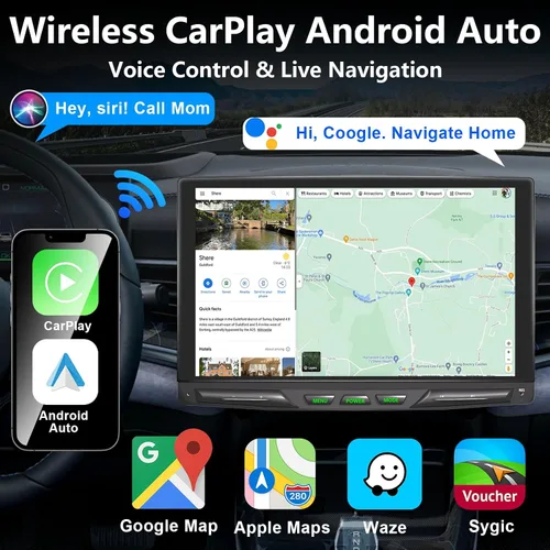 Vista 4 de Estéreo inalámbrico para automóvil de 10.1 pulgadas, desmontable y ajustable, Apple Carplay y Android Auto con pantalla táctil IPS de 1280 x 800