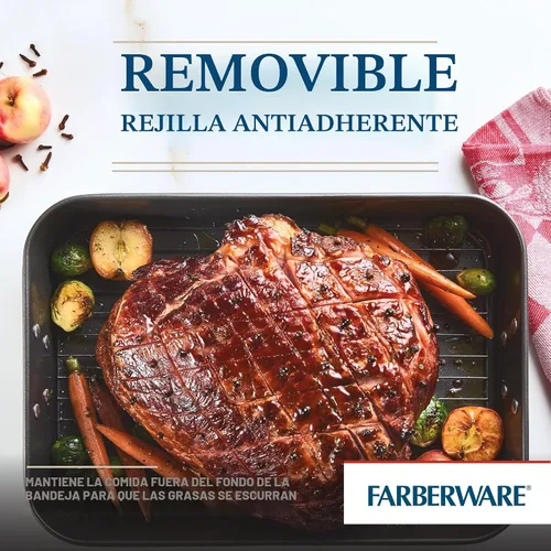 Vista 4 de Farberware Bakeware - Asador de acero antiadherente con estante plano, 11 pulgadas x 15 pulgadas, gris Sartén para asar con rejilla plana, 11