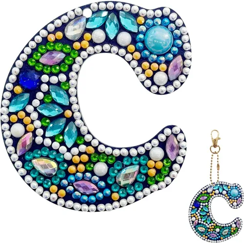 Vista 7 de YOYA Llavero de pintura de diamante de doble cara 5D, taladro completo A-Z, 26 letras de la A a la Z, kit de llaveros de arte de diamantes con gemas