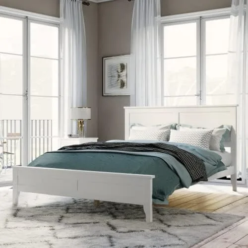 Vista 11 de anwickjeff Base de cama de tamaño matrimonial con cabecero y estribo, cama de plataforma de madera maciza blanca de estilo conciso moderno