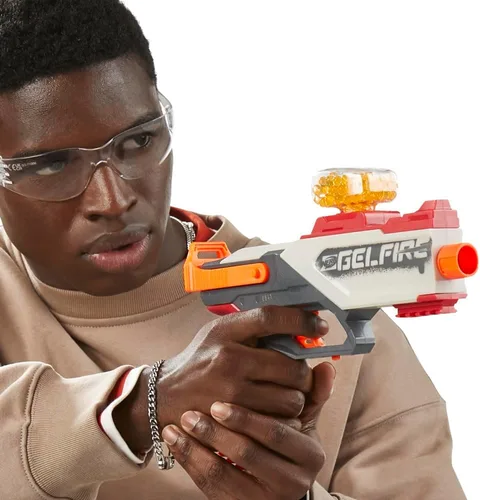 Vista 5 de Nerf Pro Gelfire Legion Blaster de Acción de Resorte, 5000 Rondas, Tolva de 130, Gafas Protectoras, Disparo de Impacto, Para Edades de 14 y Más