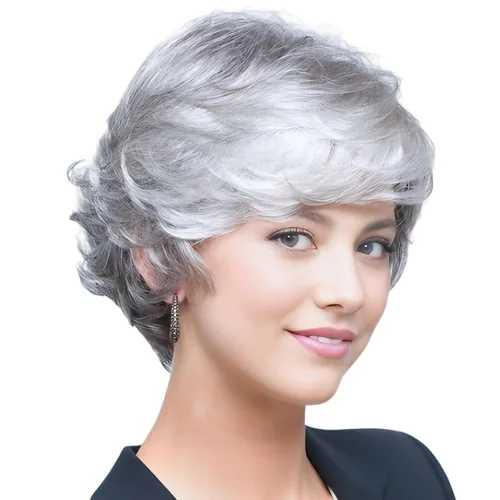 Vista 10 de TISHINING Pelucas Rizadas Cortas de Corte Pixie Ombre Rubias para Mujeres Blancas Peluca Rubia Mixta Esponjosa en Capas con Flequillo de Aspecto