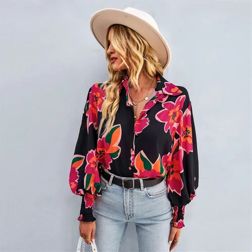 Vista 4 de AELSON Blusa de manga larga con cuello en V y estampado floral para mujer, estilo bohemio, con botones