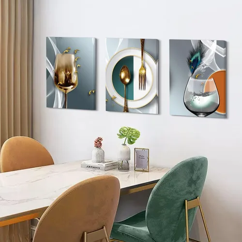 Vista 5 de AIYISU 3 piezas de arte de pared de cocina con copas de vino para decoración de pared del comedor Cuadros de copas de vino en teja, gris y oro