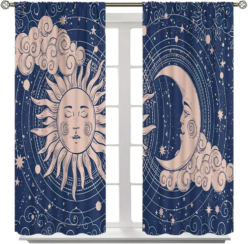 Vista 8 de Cortinas opacas con diseño de sol y luna, cuerpos celestes bohemios, con diseño de sol, luna y estrellas, para sala de estar, dormitorio, 42 x 45