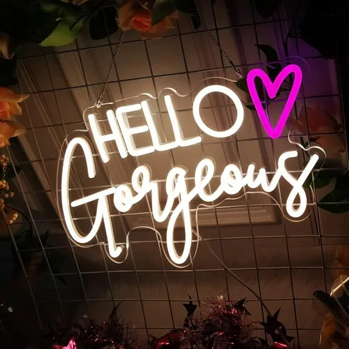 Vista 10 de Letrero de neón con texto en inglés "Hello Gorgeous Neon", luces LED de neón rosadas para el hogar, boda, cumpleaños, telón de fondo, fiesta