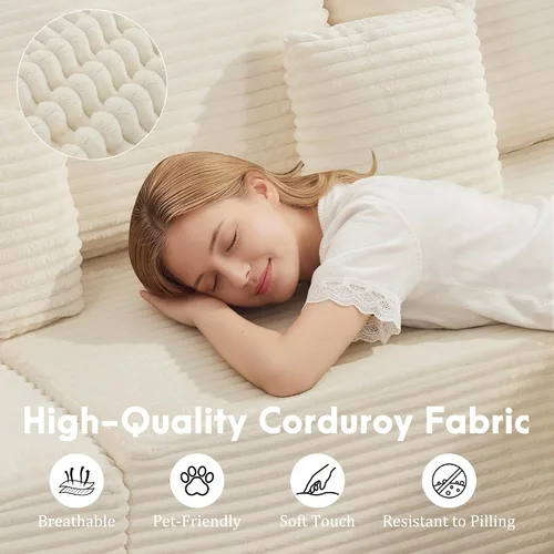 Vista 5 de Korser Sofá modular en forma de L de 110 pulgadas con diván, sofá modular de pana esponjosa con asiento profundo y bolsillos laterales, cómodos Beige