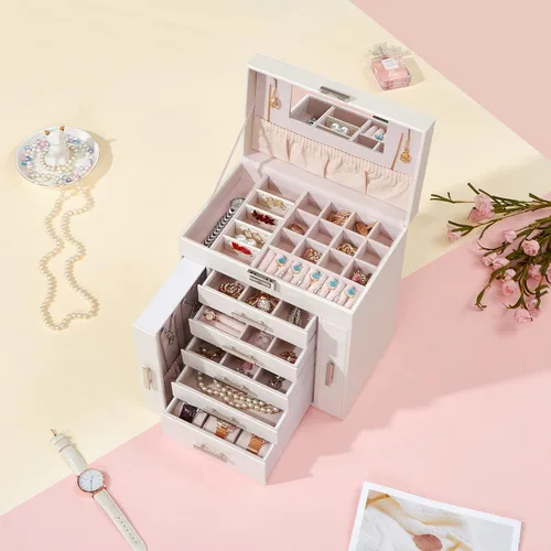 Vista 8 de ANWBROAD Caja organizadora de joyas Caja de joyería para mujer con cerradura de 6 niveles Caja de almacenamiento de joyería blanca para aretes