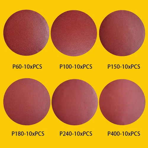 Vista 2 de 60 PCS discos de lijado de óxido de aluminio PSA de 5 pulgadas sin agujero, autoadhesivo (10 de cada uno de 60 100 150 180 240 400 grano) marrón