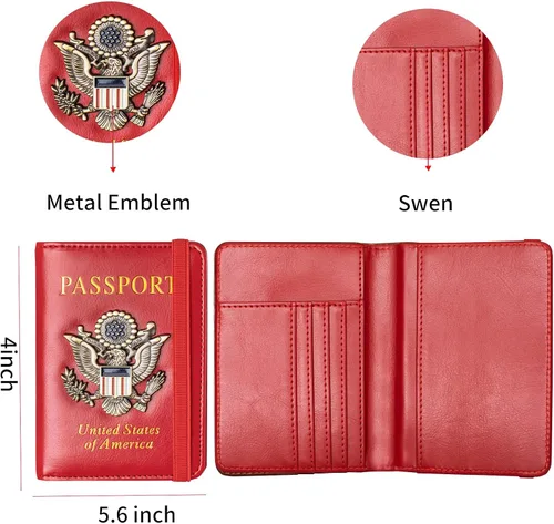 Vista 5 de Funda para pasaporte y ranura para tarjetero, con bloqueo RFID, cartera de piel para pasaporte de viaje para hombres y mujeres, protector de Rojo