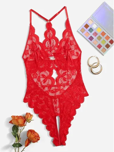 Vista 2 de Conjunto de anillos y ganchos de corazón sin espalda y encaje hueco de talla grande sin anillos de acero para mujer