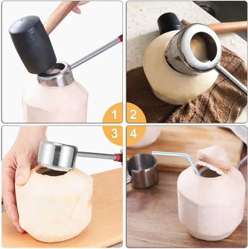 Vista 3 de Herramientas de abridor de coco con martillo, herramienta de coco joven súper segura y fácil de abrir, juego de abridor de coco de acero inoxidable
