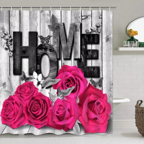 Vista 2 de Yddsky Juego de 4 cortinas de ducha rosa rosa con alfombras Flor rosa