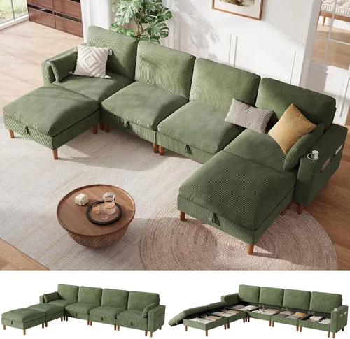 Vista 11 de LINSY HOME Sofá modular modular de 110 pulgadas con almacenamiento, sofá nube de 3 asientos con 1 otomana móvil y 2 almohadas, sofás seccionales