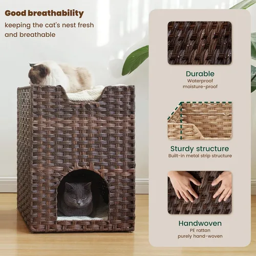 Vista 5 de Cama para gatos de interior, un elegante escondite para gatos y una casa para gatos, cama tipo cueva de ratán tejida a mano con cojín suave, cubos