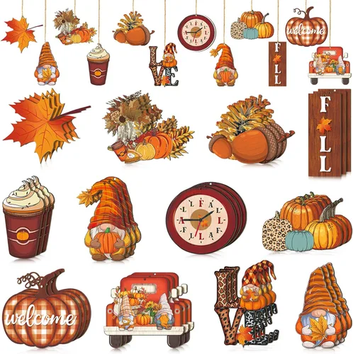 Vista 8 de FairySandy 36 piezas de decoración y adornos de árbol de otoño, gnomos de Acción de Gracias, adornos colgantes de madera, calabazas, hojas, flores