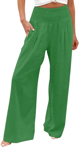 Vista 43 de SHAOBGE Pantalones palazzo de verano para mujer, cintura alta, pierna ancha, casual, cintura elástica, pantalones de playa con bolsillos