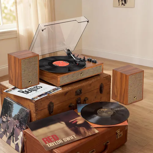 Vista 4 de Tocadiscos de vinilo con altavoces externos duales, tocadiscos Bluetooth vintage de 3 velocidades con altavoces estéreo, reproductor LP accionado