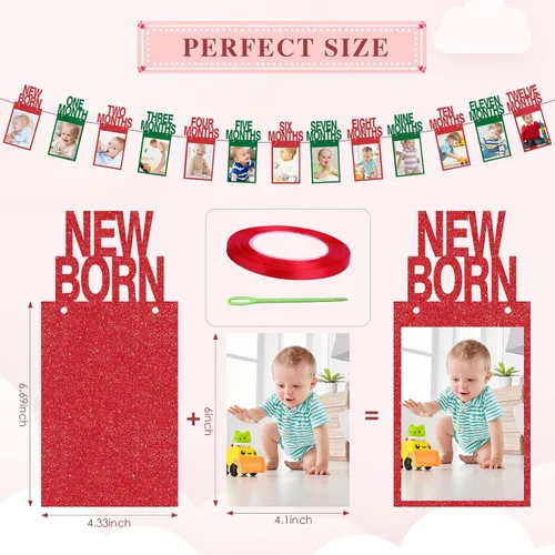 Vista 2 de Cartel de fotos de Navidad para el primer cumpleaños, pancarta de fotos con purpurina para recién nacidos a 12 meses, fotografía de hitos mensuales
