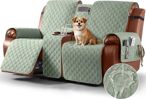 Vista 9 de Ruaozz Funda impermeable para sofá biplaza reclinable con consola, funda antideslizante para sofá reclinable dividido, con correas elásticas Beige