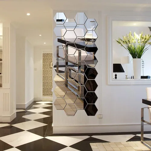 Vista 4 de Adhesivos de pared con espejo, calcomanías de pared de espejo hexagonal acrílico plateado 3D, decoración de bricolaje, azulejos de espejo