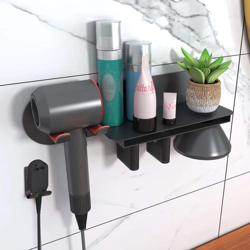 Vista 2 de FLE Soporte para secador de pelo montado en la pared con estante, soporte para secador de pelo, organizador compatible con secador de pelo Negro