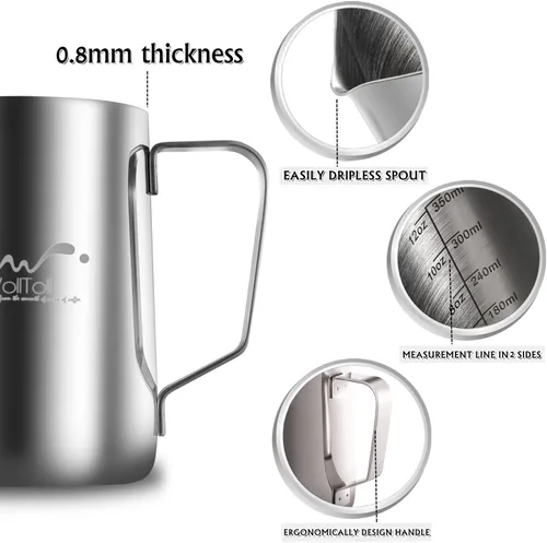 Vista 7 de Jarra de espuma de leche de acero inoxidable, 12 oz/11.8 fl oz, café con leche, capuchino, latte, jarra de espuma para barista, tazas de leche