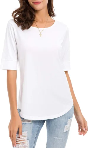 Vista 7 de Camisetas casuales de algodón de manga media para mujer, camisetas básicas de verano a la moda