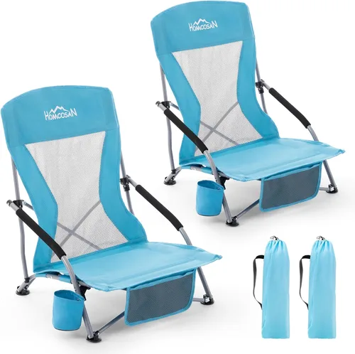 Vista 17 de Homcosan Silla de playa portátil baja plegable con paraguas desmontable, silla de campamento ligera para adultos con portavasos y bolsillo