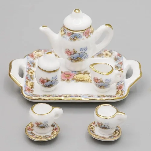 Vista 5 de Odoria Juego de té de porcelana en miniatura 1/12, 8 piezas, accesorios de decoración de casa de muñecas