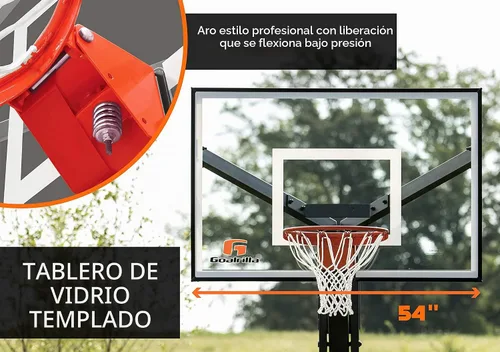 Vista 4 de Aros de baloncesto Goalrilla con tablero de meta de vidrio templado, marco negro anodizado y sistema de anclaje en el suelo