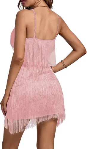 Vista 2 de Umenlele Minivestido sin mangas con flecos en capas y cuello en V profundo para mujer