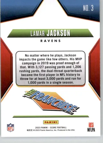Vista 2 de 2023 Score The Franchise #3 Lamar Jackson Baltimore Ravens Official Panini NFL Football Trading Card (Stock Photo shown, Near Mint to Mint Condition)