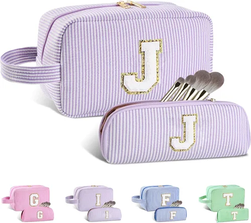 Vista 194 de Bolsa de maquillaje personalizada con inicial A-Z para mujeres, niñas y niños, bolsa de aseo de viaje, bolsa de maquillaje preparada, bolsa