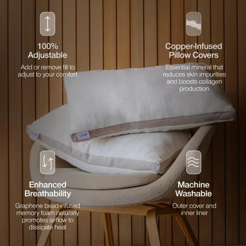 Vista 5 de Coop Home Goods Cobre+ Almohada ajustable King, almohada de cama para Funda con infusión de cobre y almohada de espuma viscoelástica con infusión