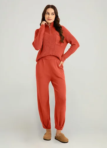Vista 4 de softome Conjunto de 2 piezas para mujer, suéter de manga larga, con cremallera de 14, suéter de punto, pantalones casuales, conjunto de ropa