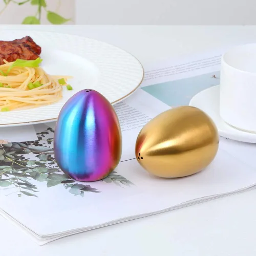 Vista 6 de Juego de 2 pimenteros dorados con forma de huevo de acero inoxidable para utensilios de cocina y hogar, cómodo y ergonómico