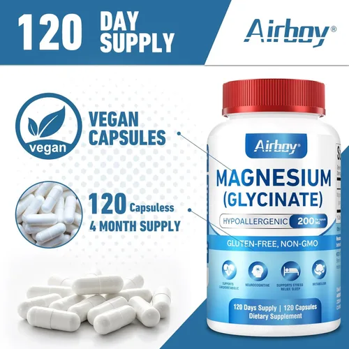 Vista 7 de Airboy Glicinato de magnesio 200 mg, el mejor glicinato de magnesio para dormir, 120 cápsulas pequeñas veganas, alta absorción apoyo relajación