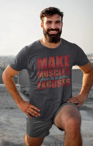 Vista 3 de Make Muscles Not Excuses Fitness for Men - Camiseta de gimnasio novedosa de material suave - Gráfico de gimnasio de entrenamiento - Amantes