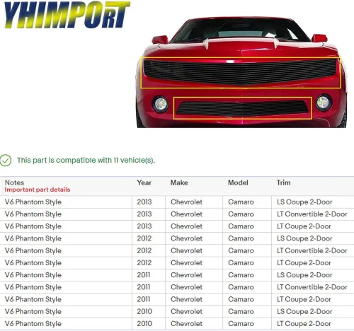 Vista 2 de Combo de rejilla frontal negra Billet para Chevy Camaro LT/LS V6 Phantom estilo principal superior inferior parachoques aluminio Billet Grill