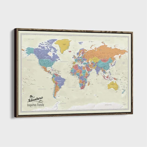 Vista 8 de Lienzo - Mapa de viaje personalizado del mundo Tan Oceans con chinchetas y marco blanco texturizado