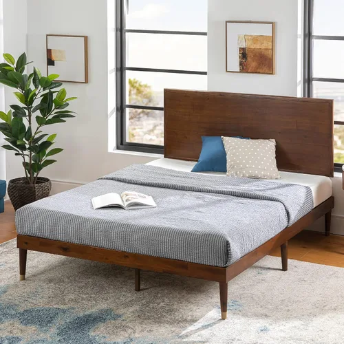 Vista 7 de Zinus Deluxe cama de madera estilo de medio siglo con cabecero, sin necesidad de colchon de resortes, Pino, Marrón