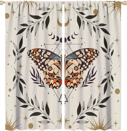 Vista 29 de Cortinas de mariposa de fantasía, polilla, sol, luna, estrella, arte floral, estampado floral, bolsillo para barra, cortinas opacas para ventana
