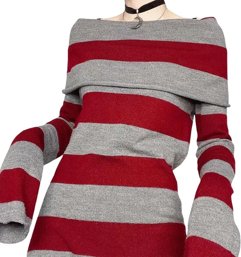 Vista 2 de Minivestido de punto de manga larga con hombros descubiertos para mujer, diseño de cuello barco Y2K, vestido de suéter corto, vestido de fiesta