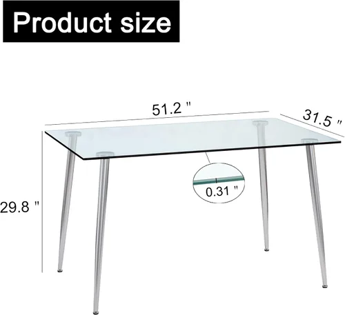 Vista 2 de Mesa de comedor rectangular moderna y minimalista de cristal para 4 y 6 personas con mesa de vidrio templado de 0.31 pulgadas y patas de metal