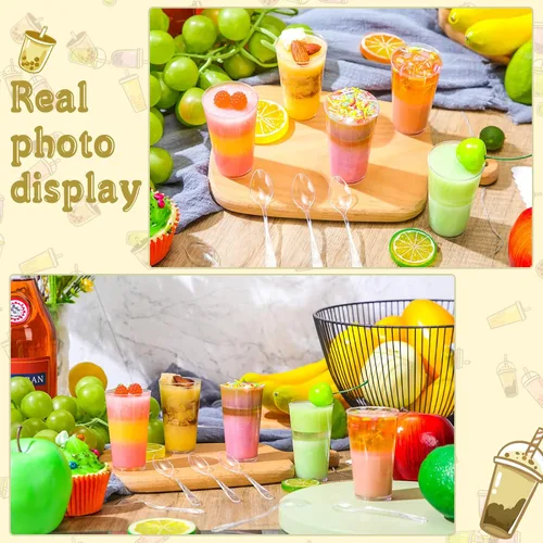 Vista 5 de Chengu Mini vasos de postre de plástico transparente de 3 onzas con cucharas, tazas redondas de postre para parfait, vasos de chupito de aperitivo