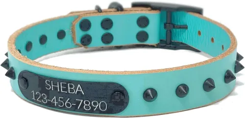 Vista 13 de Personalized Spiked Bridle Leather Dog Collar, Engraved Matte Black Metal Nameplate (Mustard Yellow)