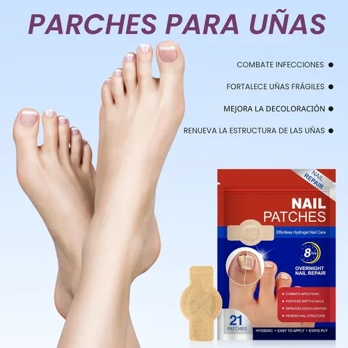 Vista 2 de Parches de uñas: 21 parches de reparación extra fuertes para uñas de los pies y uñas dañadas, cuidado de uñas durante la noche de 8 horas