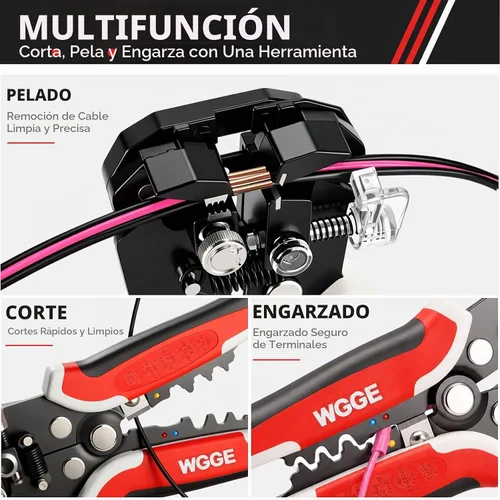 Vista 2 de WGGE WG-014 pelacables autoajustable con aislamiento, para pelar cables desde AWG 10-24, strippers automáticos con cortadores y buclera de 8