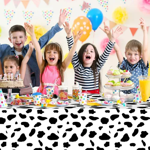 Vista 6 de Paquete de 12 manteles de plástico para baby shower de vaquero para mesas rectangulares, funda de mesa desechable con estampado de vaca, mantel